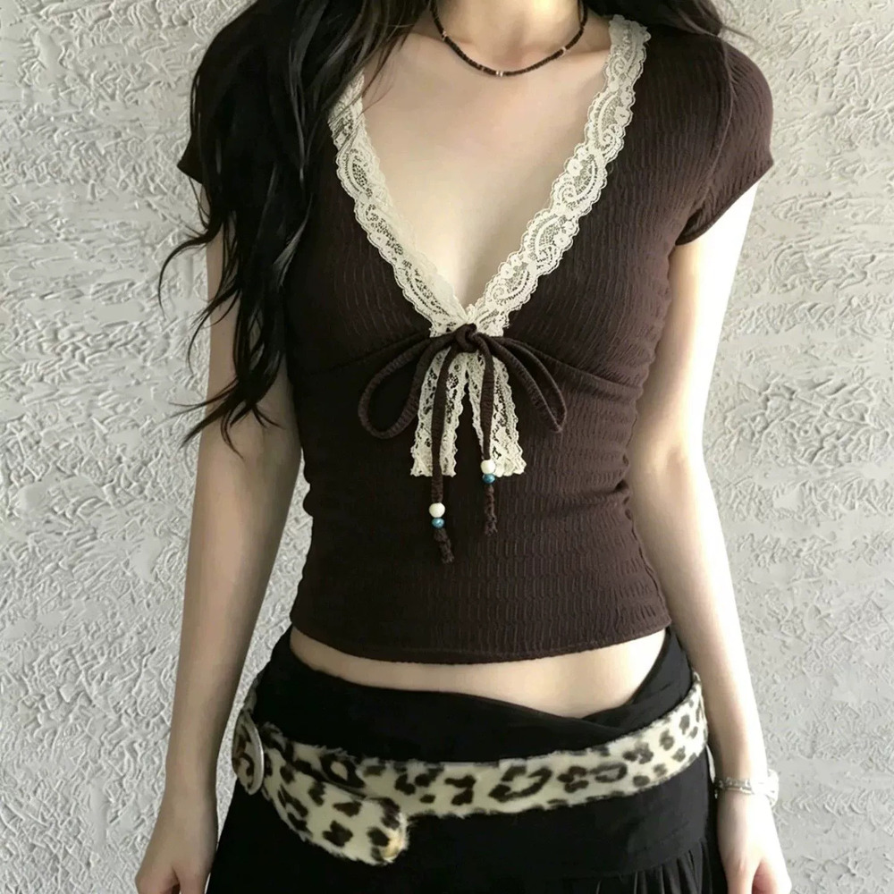 Zara Retro Lace Trim Contrast Color Lace Up Top